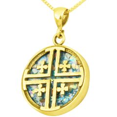 Roman Glass 'Jerusalem Cross' Circular Pendant - 14k Gold - Made in the Holy Land