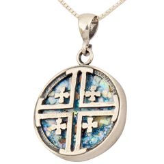 Roman Glass 'Jerusalem Cross' Circular Pendant - Sterling Silver - Made in the Holy Land
