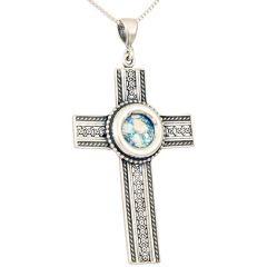Roman Glass - Lattice 'Cross' Pendant - 925 Sterling Silver - Made in the Holy Land