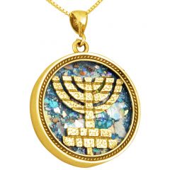 Roman Glass 'Jerusalem Walls Menorah' 14k Gold Pendant - Made in Israel