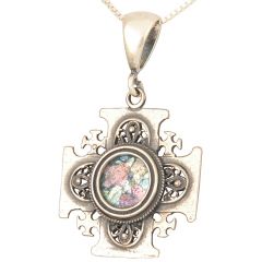 'Jerusalem Cross' Pendant - Roman Glass and 925 Sterling Silver - Made in the Holy Land