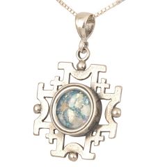 'Jerusalem Cross' Cut-Out Pendant - Roman Glass and 925 Sterling Silver - Made in the Holy Land