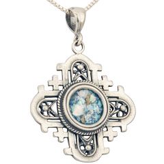 'Jerusalem Cross' Cut-Out Rounded Pendant - Roman Glass and 925 Sterling Silver - Made in the Holy Land