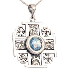 Roman Glass 'Jerusalem Cross' Five-Fold Rugged Cross Pendant - Sterling Silver - Made in the Holy Land