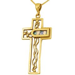 Roman Glass 'Trinity Cross' Pendant - 14k Gold - Made in the Holy Land