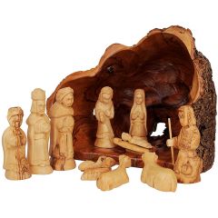 Olive Tree Branch Nativity wood set Log from Bethlehem With Natural Olive Wood Bark - 12 Piece Faces Set 