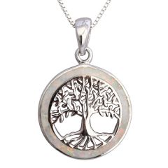'Tree of Life' Pendant with Light Opal Circular Frame - Sterling Silver