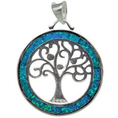 'Tree of Life' Pendant with blue Opal Circular Frame - Sterling Silver