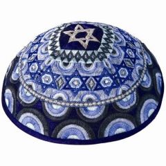 Yair Emanuel - Star of David Embroidered Silk Kippah - Blue