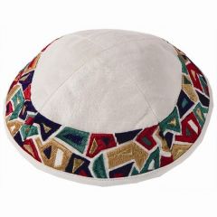 Yair Emanuel | Embroidered Silk Kippah | Geometrical Mosaic | White and Multicolored