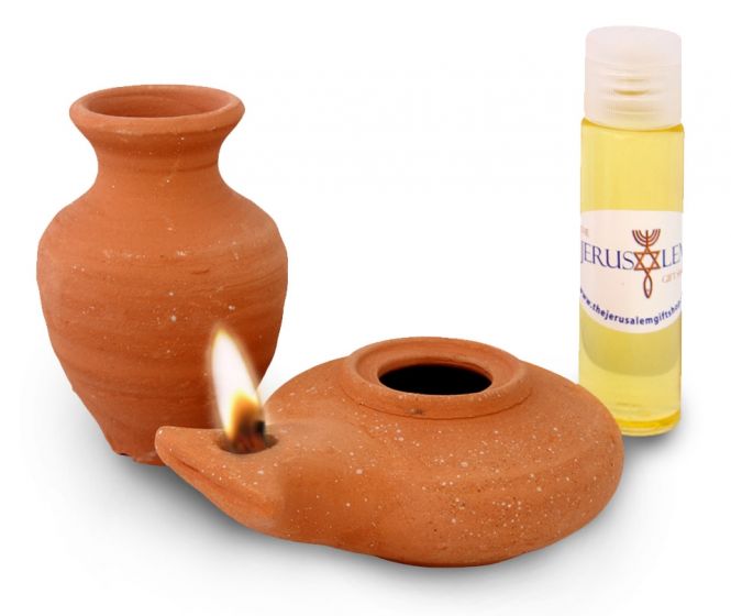 Clay Oil Lamp - Herodian with Jar and Galilee Olive Oil
