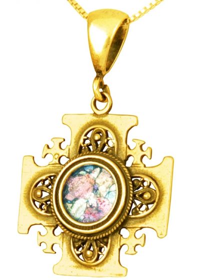 'Jerusalem Cross' Pendant - Roman Glass and 14k Gold - Made in the Holy Land