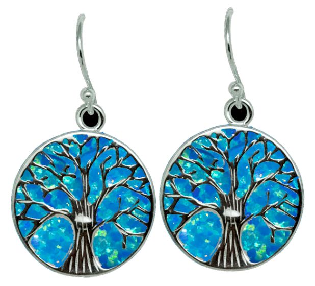 Sterling silver Tree of Life earrings mounted on blue opal