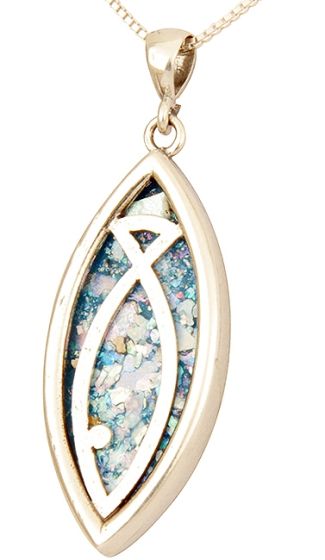 Roman Glass 'ΙΧΘΥΣ Ichthys Fish' Sterling Silver Pendant - Made in the Holy Land