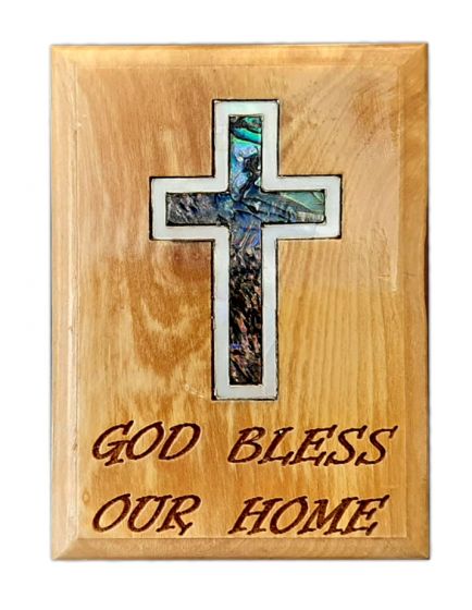Fridge Magnet - Olive Wood with Mother of Pearl 'Cross' Inlay - 'god bless our home' Engraving - Made in Bethlehem