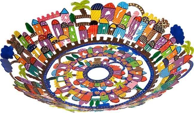 Yair Emanuel Laser Cut Hand Painted 'Jerusalem' Metal Bowl