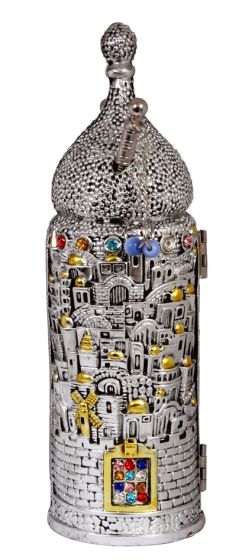 Sefer Torah Scroll - Jerusalem design - 3D Silver and Gold Plated Case - open
