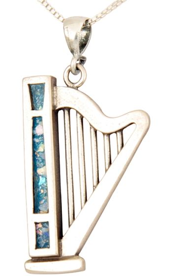 Roman Glass 'King David Harp' Pendant - 925 Sterling Silver - Made in the Holy Land