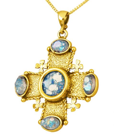 Roman Glass 'Jerusalem Cross' Stones Pendant - 14k Gold - Holy Land Jewelry