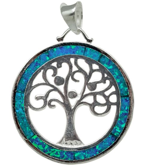 'Tree of Life' Pendant with blue Opal Circular Frame - Sterling Silver