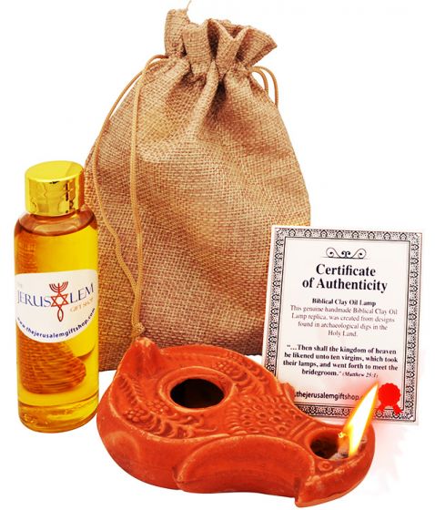 Biblical 'Wise Virgins' Clay Oil Lamp in Sackcloth Bag with Olive Oil & Certificate of Authenticity - Be Ready!!!