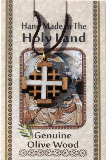 Olive Wood with Mother of Pearl 'Jerusalem Cross' inlay Necklace