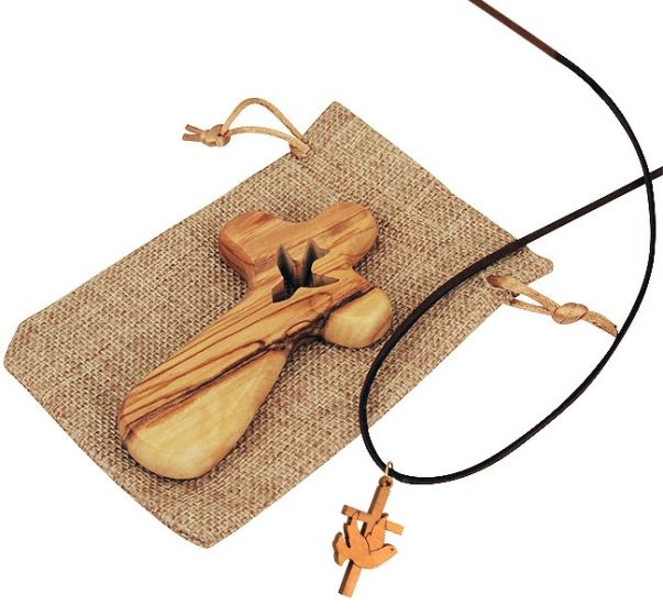 Olive Wood Comfort Cross from Bethlehem with 'Holy Spirit Dove' Cutout in Sackcloth Bag + Matching Olive Wood Pendant