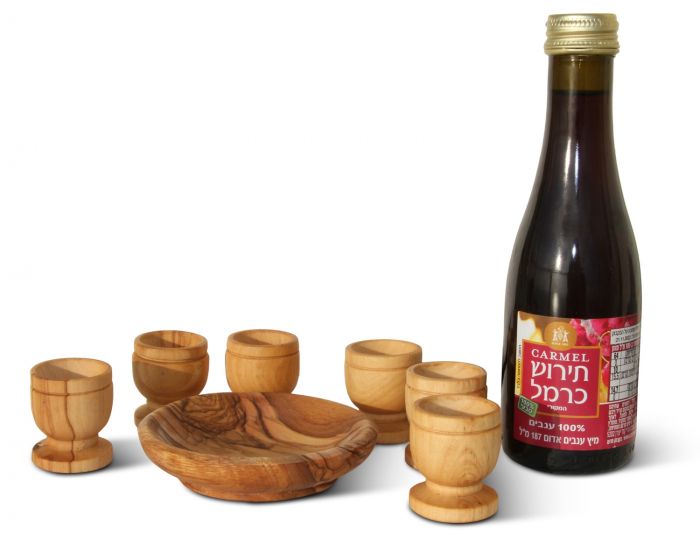 Communion Wine, Bread Dish and Six Olive Wood Cups
