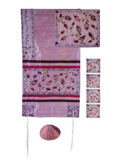 Yair Emanuel 'Matriarchs' and Pomegranates Embroidered Raw Silk Prayer Shawl / Tallit - Pink