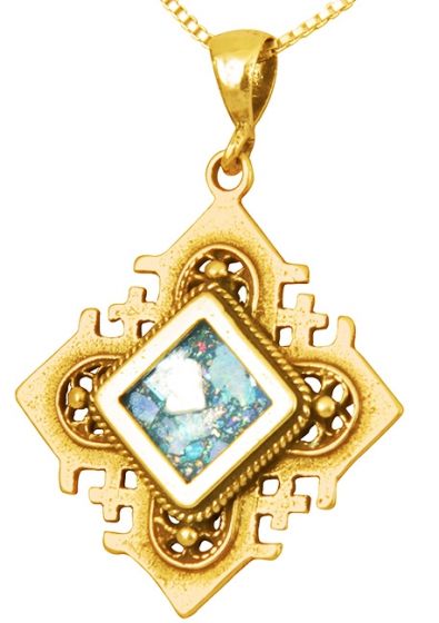 'Jerusalem Cross' Squared Pendant - Roman Glass and 14k Gold Pendant - Made in the Holy Land 