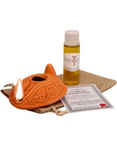 Herodian - Biblical Replica Ancient Clay Oil LAMP and Flask of Olive Oil from Bethlehem in Gift Bag & Certificate of Authenticity Hanukkah-Judaica/Christian Gift/Messianic
