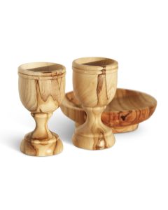 Communion Cups - The Lord's Supper - Olive Wood Bread Tray with Two Medium 3 inch Olive Wood Cups and in Gift Bag