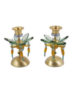 Candlesticks -  flower with beads in green and yellow
