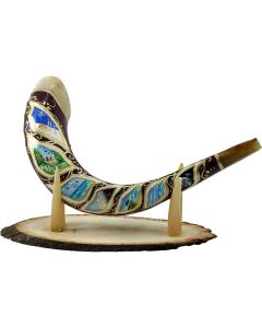 Ram's Decorated Shofar By Artist Sarit Romano - The Six Days of Creation and The Sabbath Rest