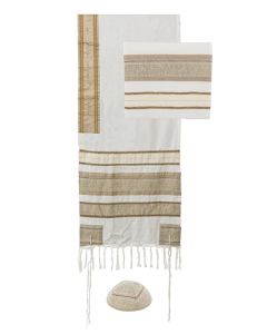 Yair Emanuel Gold Striped Cotton Tallit Prayer Shawl Set with Hebrew Blessing