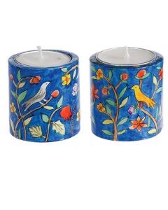Yair Emanuel Hand Painted Round Candle Holders - Wildlife (small)