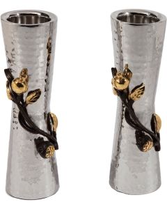 Yair Emanuel Pair of Hammered Stainless Steel Pomegranate Candle Holders - Large
