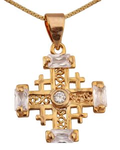 'Jerusalem Cross' Gold filled Christian Pendant with Clear Crystal