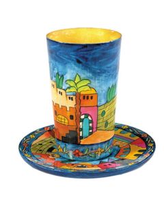 Kiddush Cup with Saucer, Hand Painted Wood - Jerusalem