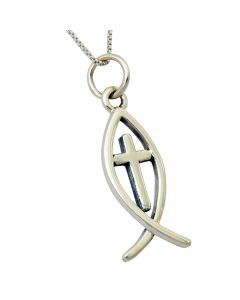 ΙΧΘΥΣ - Fish with Cross Ichthus Sterling Silver Pendant