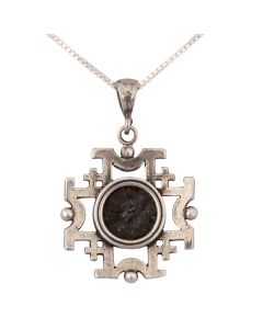 Genuine Widow's Mite Coin of Mark 12:41 in Sterling Silver JERUSALEM CROSS Pendant