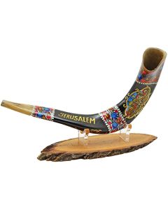 Ram's Decorated Shofar By Artist Sarit Romano - Old City of Jerusalem and the word 'Jerusalem' - Earth
