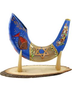 Ram's Decorated Shofar By Artist Sarit Romano - Jerusalem, Israel, Star of David, Menorah and Fish