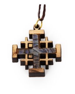 Olive Wood 'Jerusalem Cross' Pendant with Mother of Pearl Abalone inlay - Made in the Holy Land
