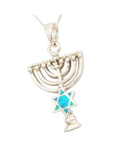 Menorah with Opal Star of David Sterling Silver Pendant