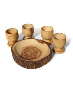 Communion Cups Set - The Lord's Supper - Natural Olive Wood Bread Tray (Approx 4 Inch) with Four Mini (Approx 1.5 Inch) Olive Wood Cups in Gift Bag