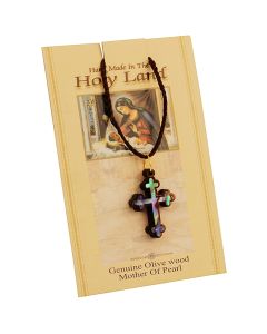 Olive Wood with Mother of Pearl Abalone 'Cross' inlay Necklace - Made in the Holy Land