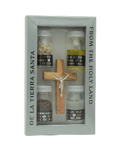 Olive Wood Cross and Pewter Plated Crucifix with Vials of Holy Soil, Jordan River Water, Galilee Olive Oil and Incense.