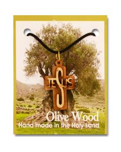 Olive Wood Jesus Layered Cross Pendant with Necklace