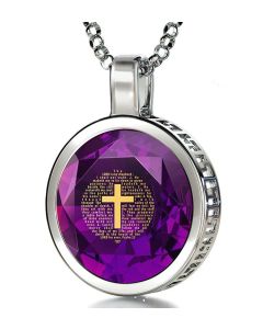 Nano 24k Gold Scripture Inscribed 'Psalm 23' Zirconia Stone in Round Sterling Silver Pendant - Color Choice